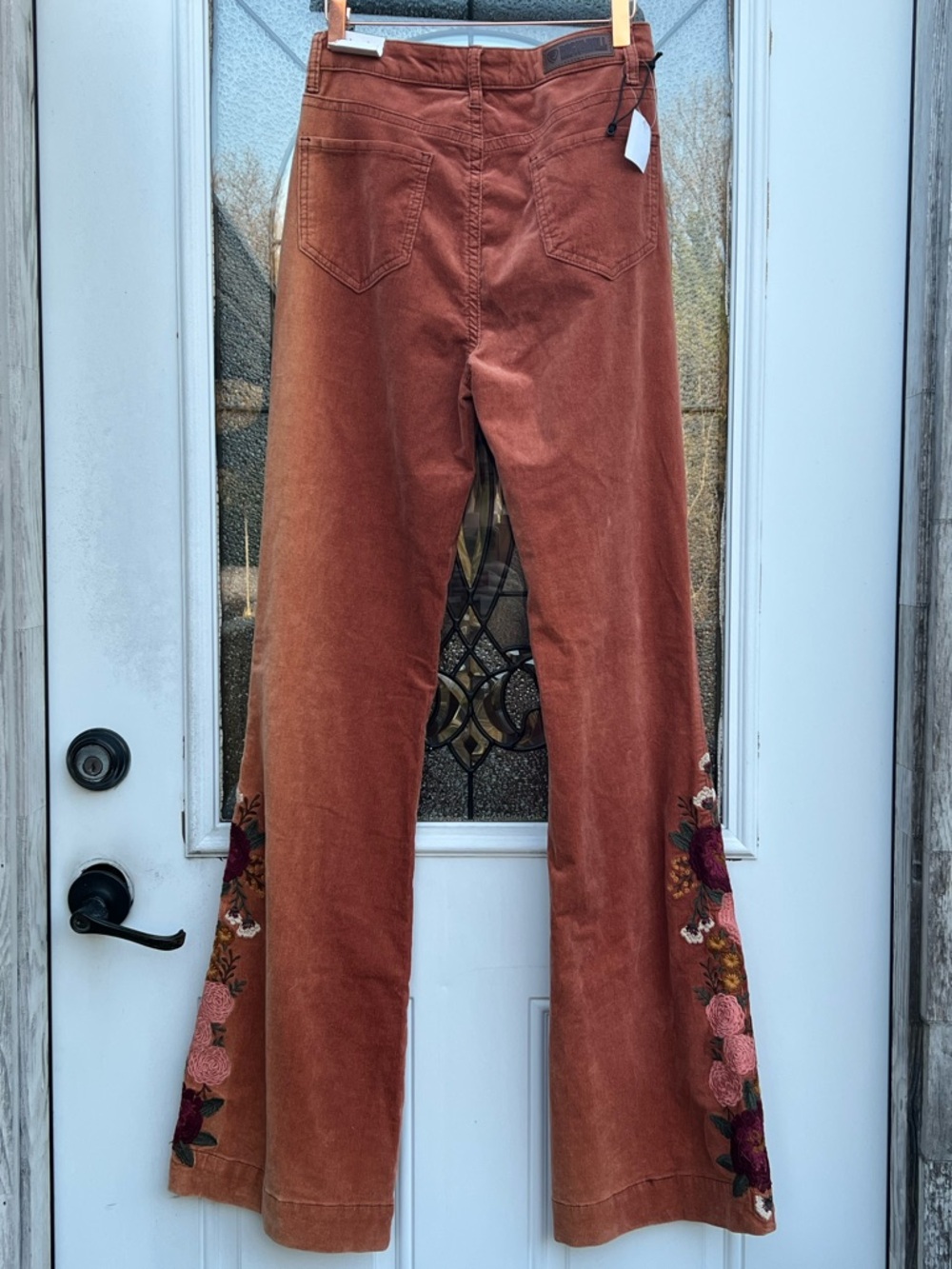 Rust Corduroy Boot-Cut Pants with Floral Embroidery - Picture 4 of 12
